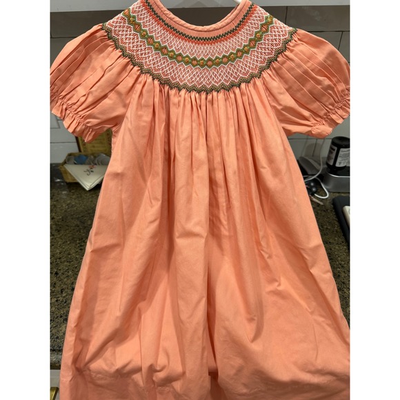 Sweet Angela by Rosalina Other - Sweet Angela by Rosalina Girls Peach Smocked Bishop Dress Size 5Y Floral Bullion